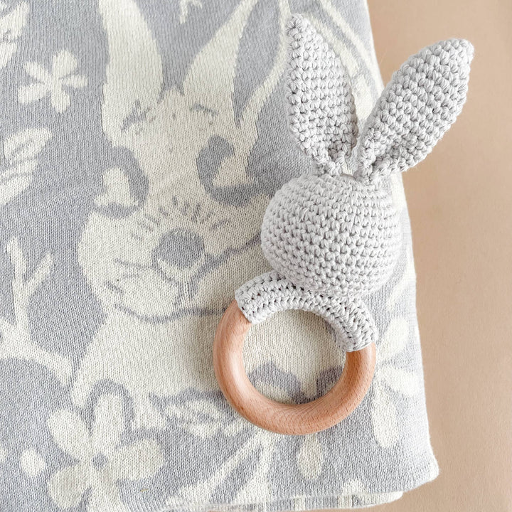 Teether Bunny Grey Cotton Rattle Baby Gift Easter Spring