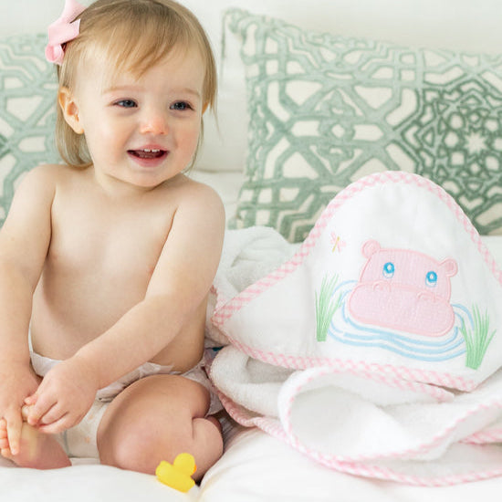 Hippo Baby Hooded Towel &amp; Washcloth Set, Pink