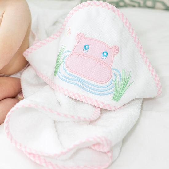 Hippo Baby Hooded Towel &amp; Washcloth Set, Pink