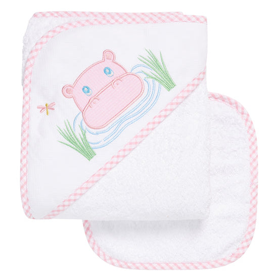 Hippo Baby Hooded Towel &amp; Washcloth Set, Pink