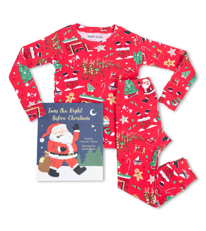 Twas The Night Before Christmas - Red Flat Pack Pajama Set With Book