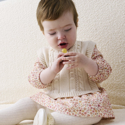 Newborn Girl Printed Dress with Vest Cream