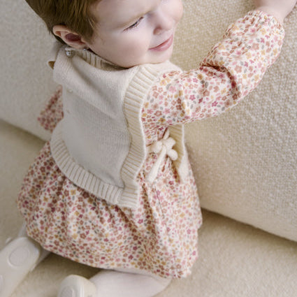 Newborn Girl Printed Dress with Vest Cream