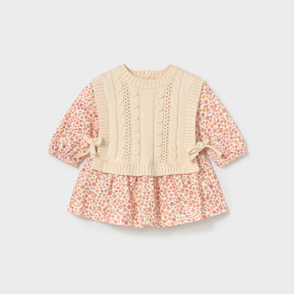 Newborn Girl Printed Dress with Vest Cream