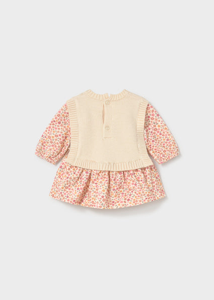 Newborn Girl Printed Dress with Vest Cream
