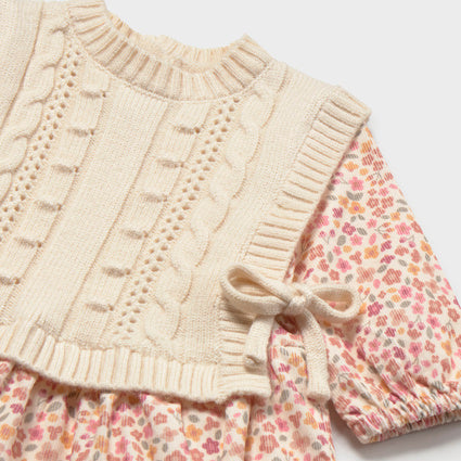 Newborn Girl Printed Dress with Vest Cream
