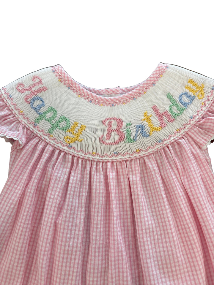 Happy Birthday Girl’s Pink Seersucker Check Angel Wing Bishop with Insert