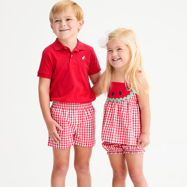Sheffield Shorts Richmond Red Gingham with Belhaven Blue Stork