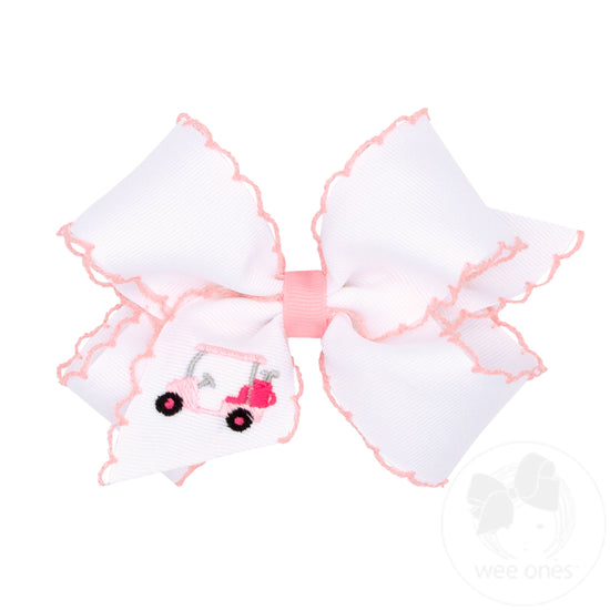 Medium Country Club Themed Embroidered Moonstitch Edge Hair Bow