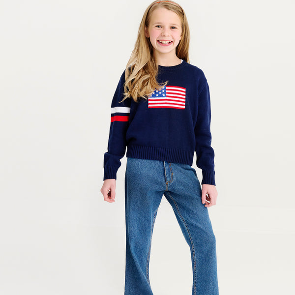 Seaton Intarsia Sweater Nantucket Navy with American Flag (Kids)