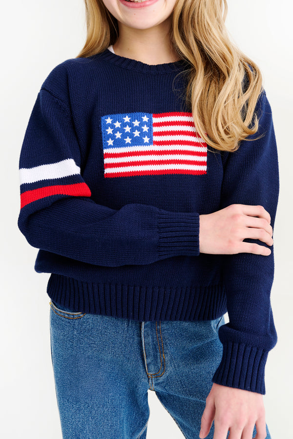 Seaton Intarsia Sweater Nantucket Navy with American Flag (Kids)