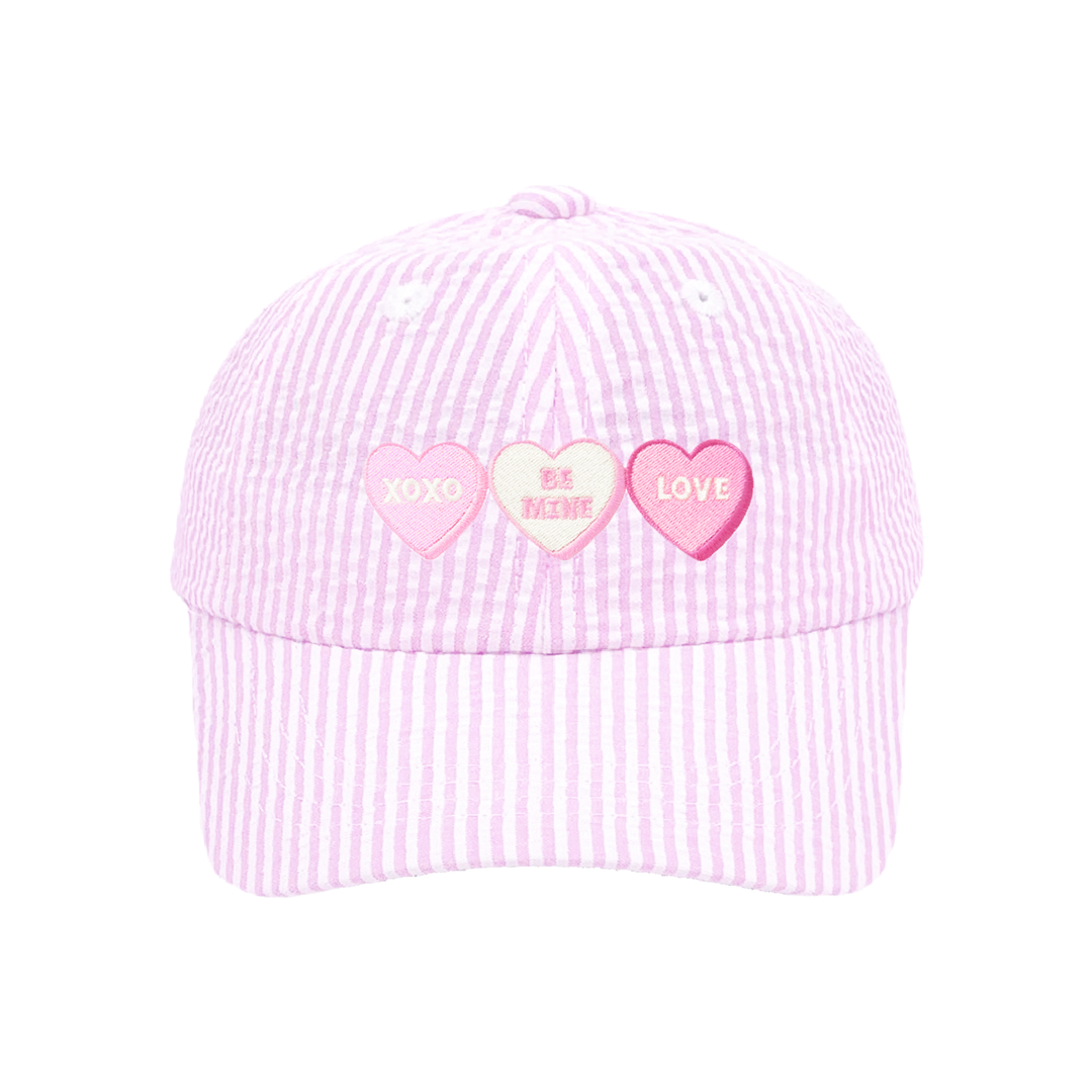 Candy Hearts Bow Baseball Hat in Pink Seersucker