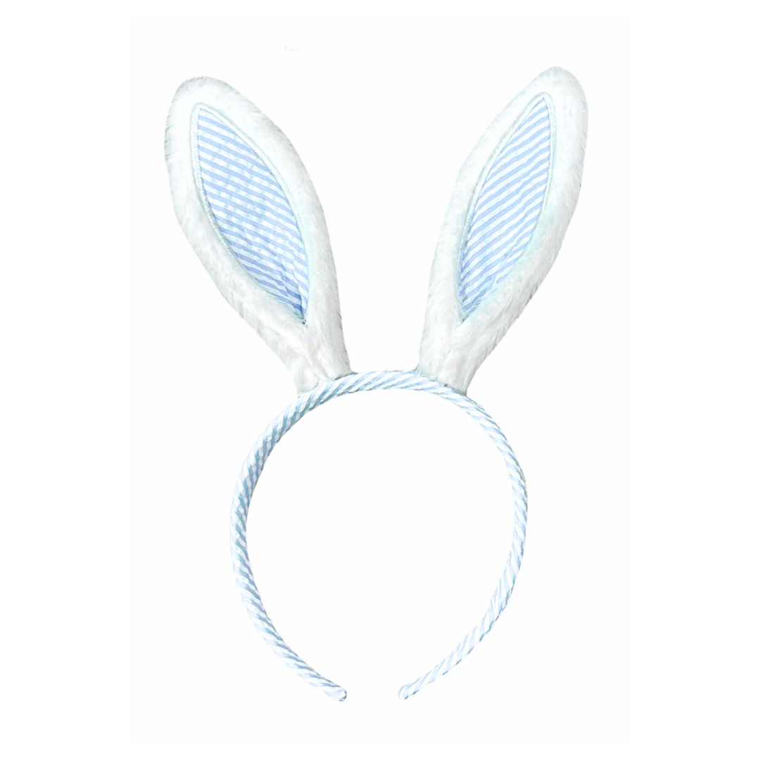 Seersucker Bunny Ears Headband, Blue
