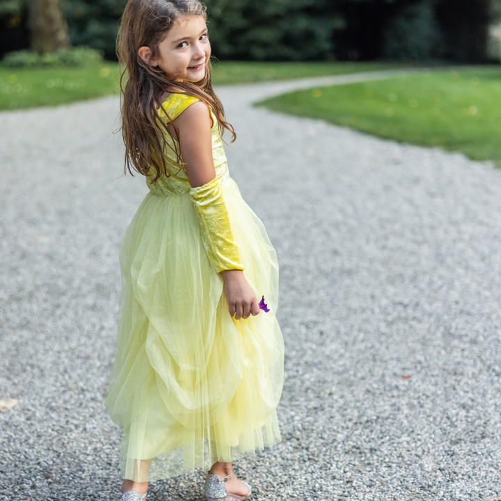 Velvety Soft Yellow Princess Gown with Arm Warmers