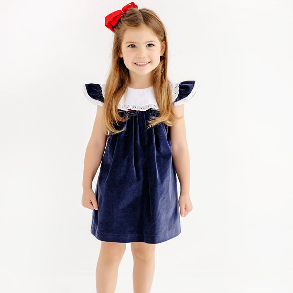 Franny Frock Nantucket Navy Velveteen with Covington Cottage Plaid