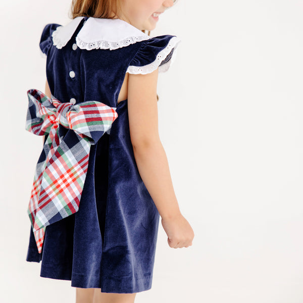 Franny Frock Nantucket Navy Velveteen with Covington Cottage Plaid
