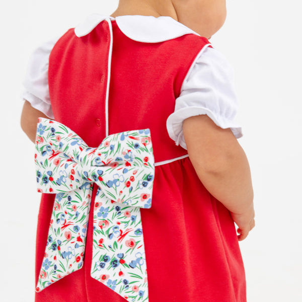 Sleeveless Rebecca Romper Richmond Red with Fair Street Floral Bow