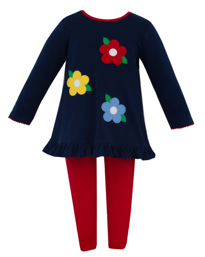 Flowers Navy Blue Knit Girls Tunic Set
