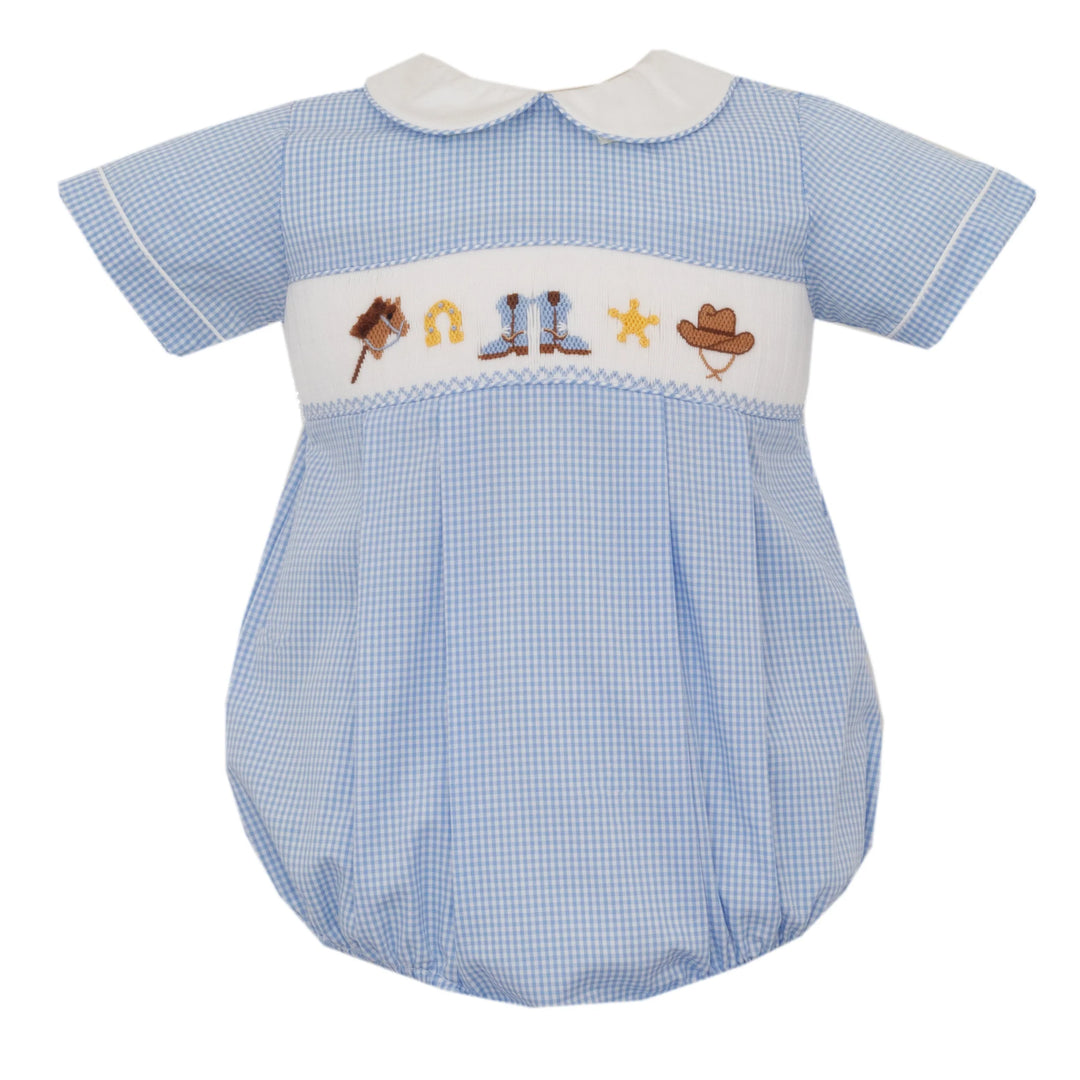 Boots, Hats &amp; Horses Boys Light Blue Gingham Short Blubble