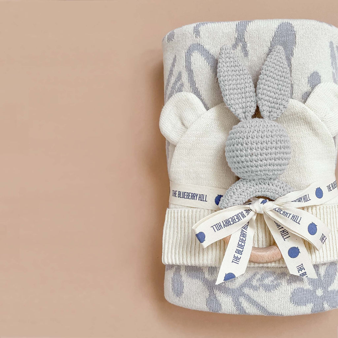 Teether Bunny Grey Cotton Rattle Baby Gift Easter Spring