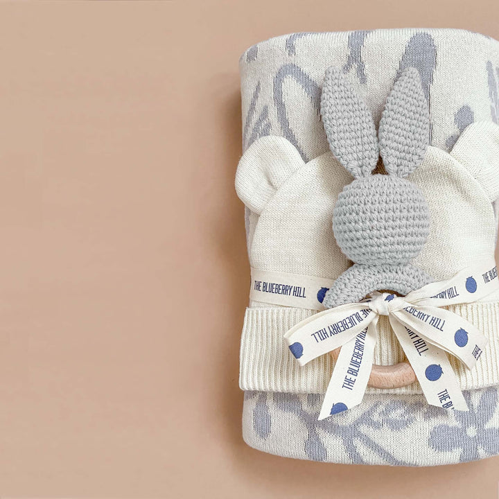 Teether Bunny Grey Cotton Rattle Baby Gift Easter Spring