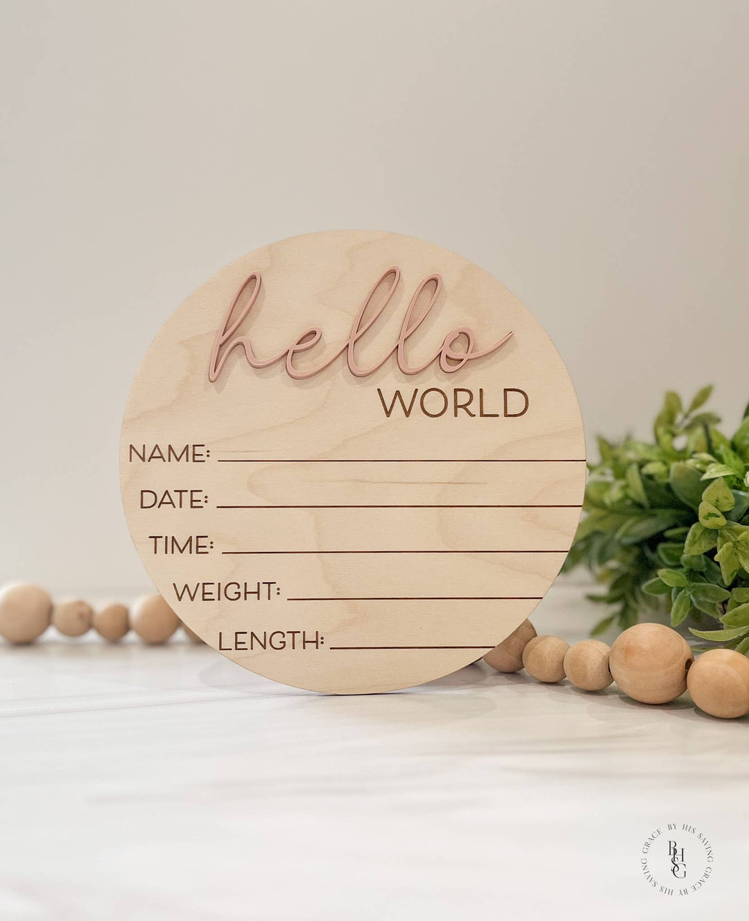 Wooden Hello World Baby Announcement Sign With Birth Stats 