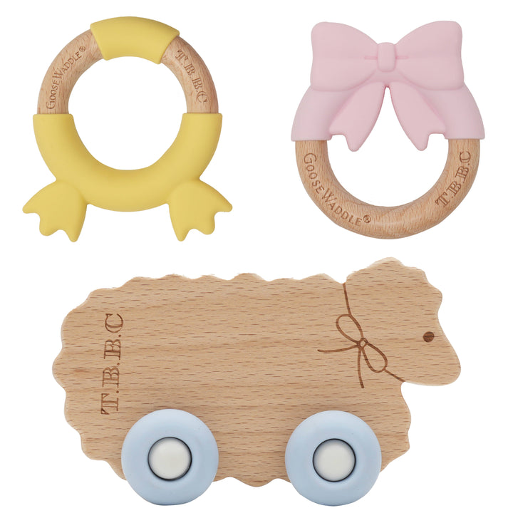 Sheep w/ Blue Wheels Teether