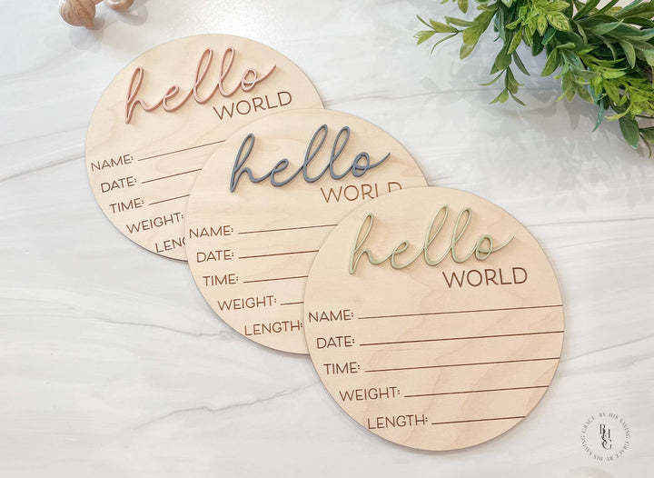 Wooden Hello World Baby Announcement Sign With Birth Stats 