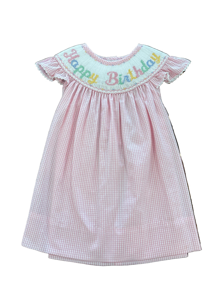 Happy Birthday Girl’s Pink Seersucker Check Angel Wing Bishop with Insert
