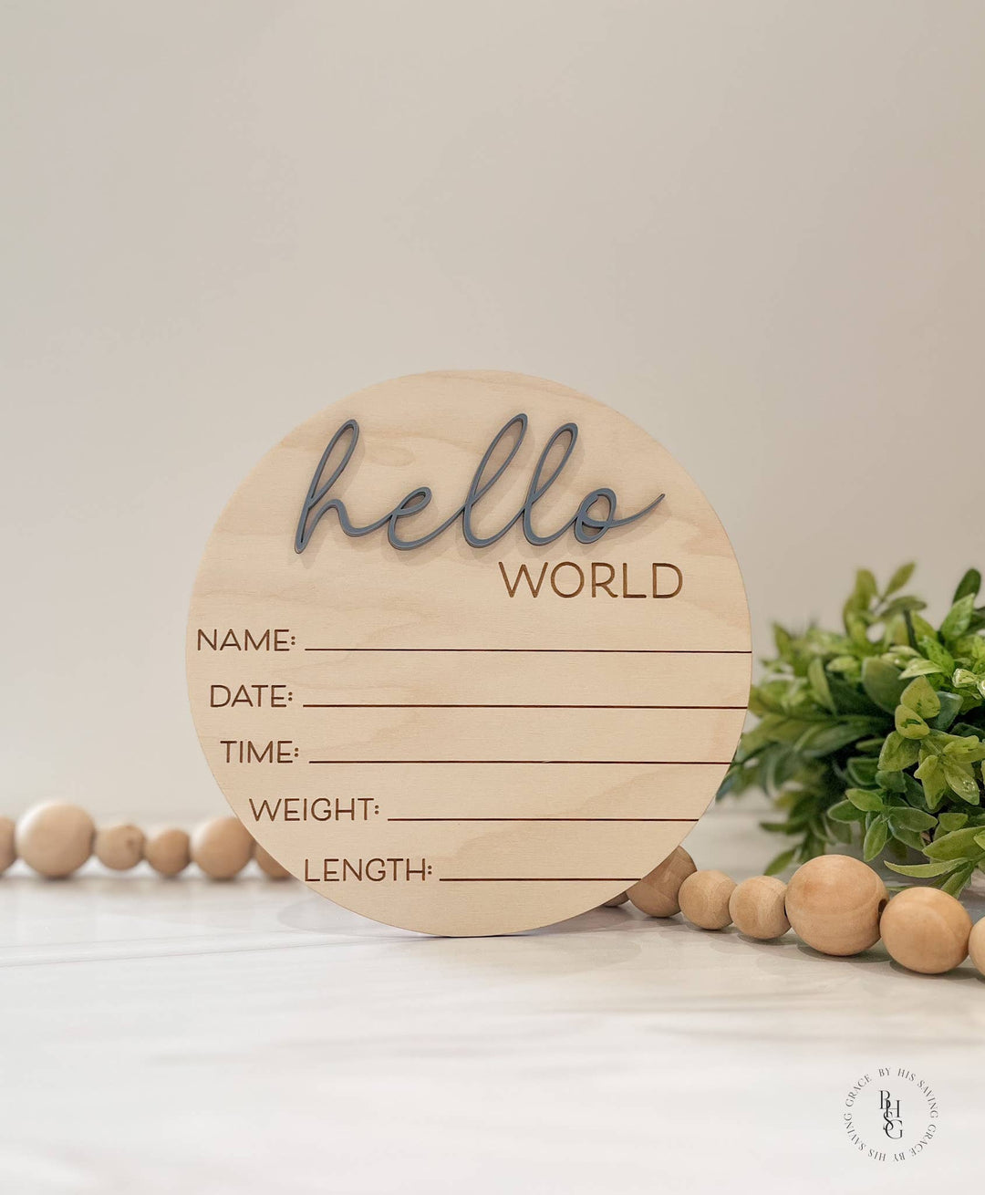 Wooden Hello World Baby Announcement Sign With Birth Stats 