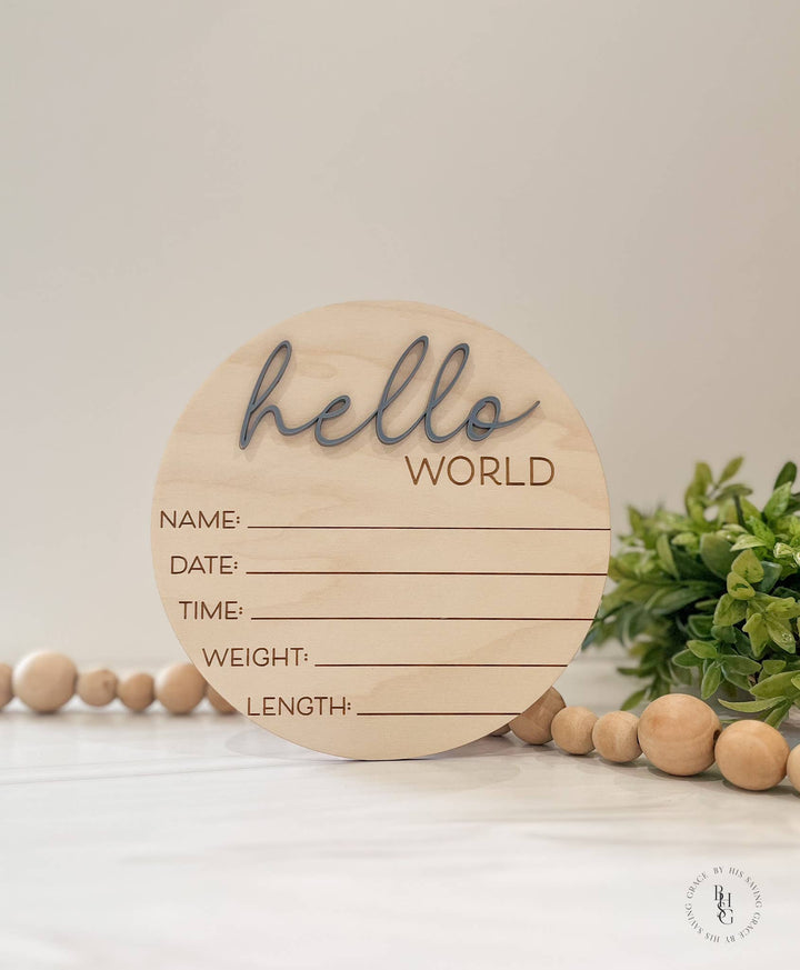 Wooden Hello World Baby Announcement Sign With Birth Stats 