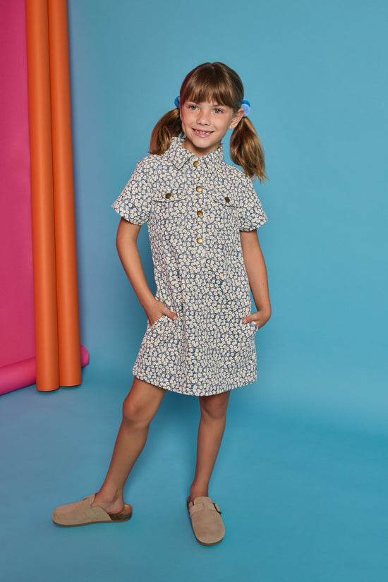 Safari Popover Dress - French Blue Floral Corduroy