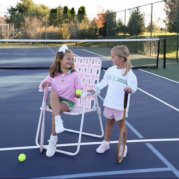 Puff Sleeve Cassidy Comfy Crewneck Worth Avenue White with Gibson Island Green &amp; Tennis Racquets