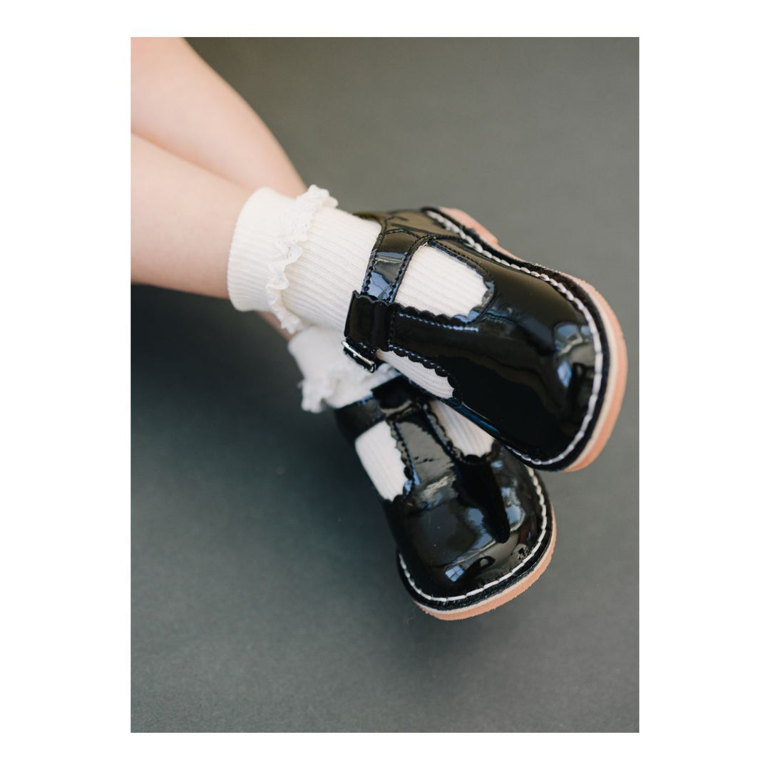 Selina Scalloped T-Strap Mary Jane - Patent Black