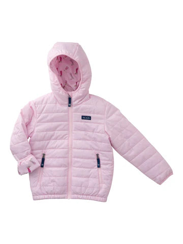 Girls Hooded Puffer Jacket in Pink Tulle with Cowboy Boot Print Liner