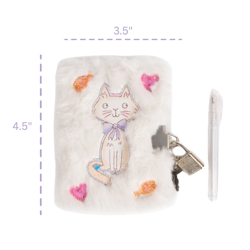 White Cuddle Cat Mini Furry Journal with Lock &amp; Pen