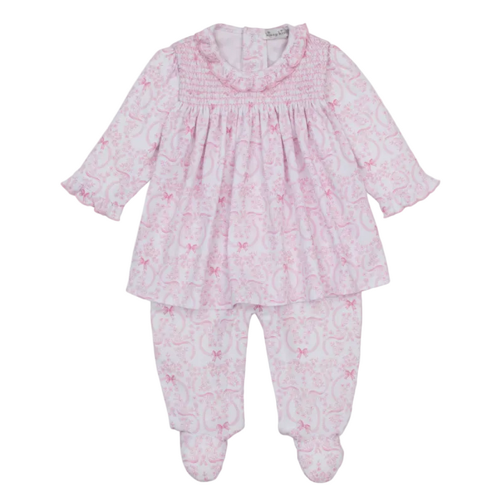 Delicate Blooming Bows Pink Footed Dress Set