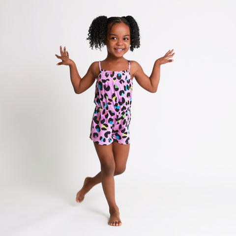 Electric Leopard - Smocked Spaghetti Short Jumpsuit W Snaps