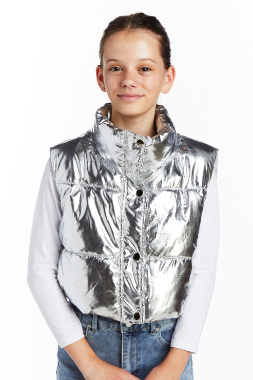 Metallic Cropped Puffer West with Pull Tab