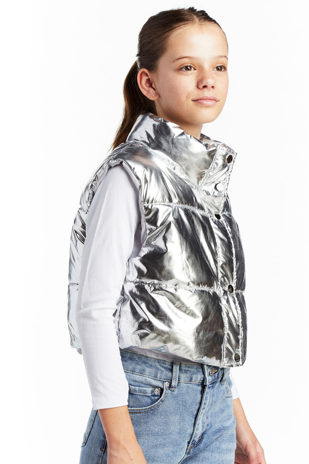 Metallic Cropped Puffer West with Pull Tab