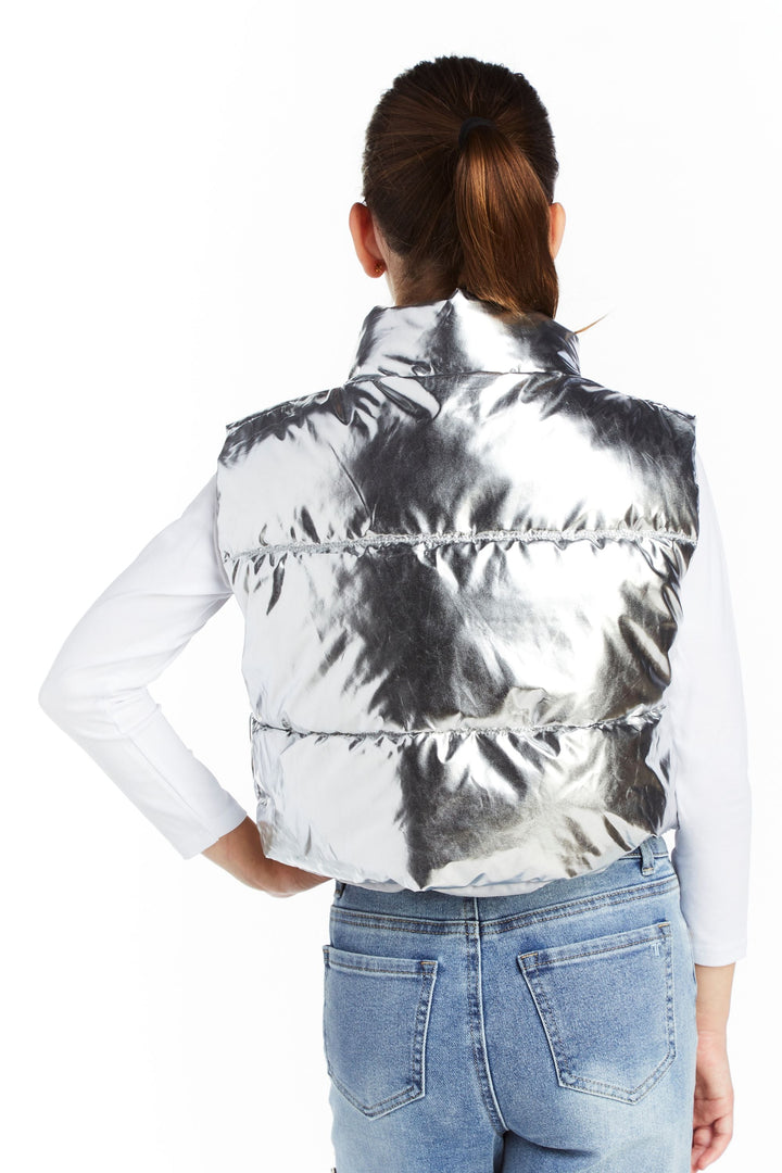 Metallic Cropped Puffer West with Pull Tab