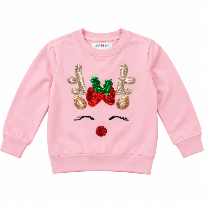 Ana Light Pink Long Sleeve Sequin Reindeer Top
