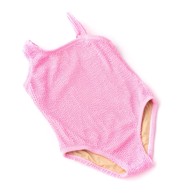 Pink Girls Crinkle Textured One Shoulder One Piece Swimsuit