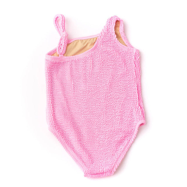 Pink Girls Crinkle Textured One Shoulder One Piece Swimsuit