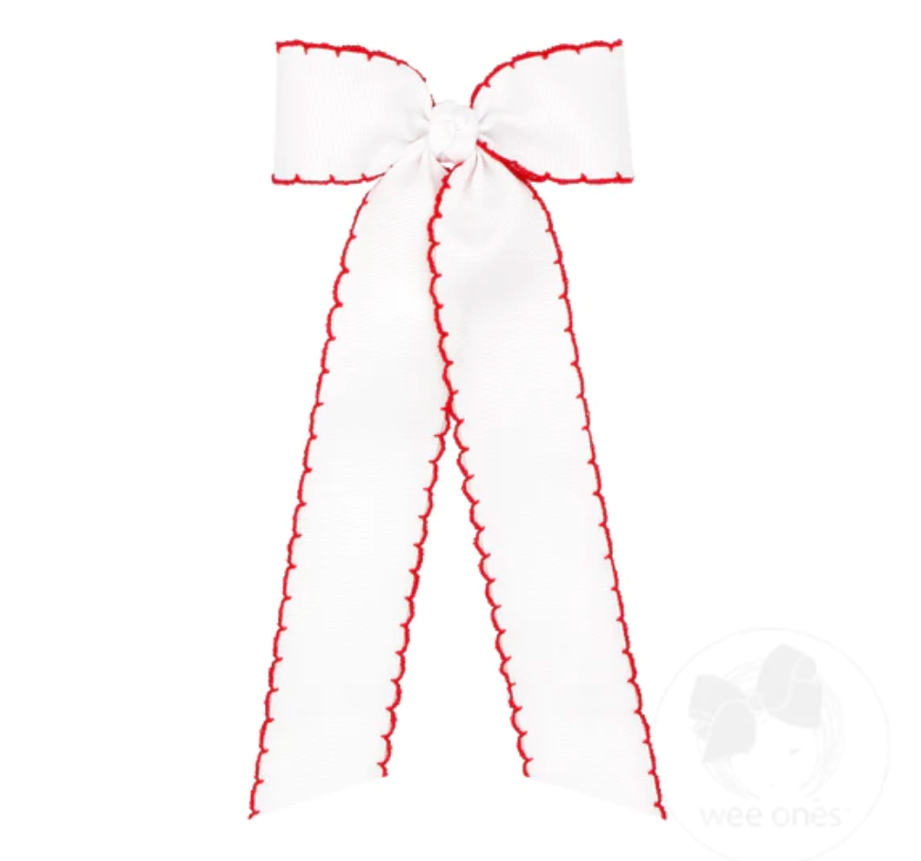 Medium Grosgrain Moonstitch Hair Bowtie with Knot Wrap and Streamer Tails