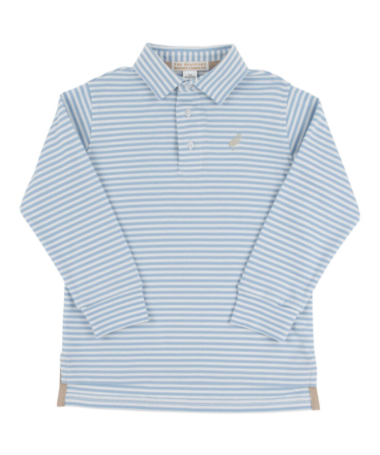 Long Sleeve Prim And Proper Polo  - Barrington Blue Stripe with Keeneland Khaki
