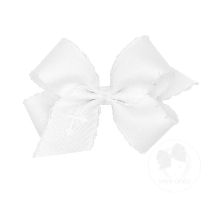 White Grosgrain Hair Bow with Moonstitch Edge and Cross Embroidery on Tail (size options)