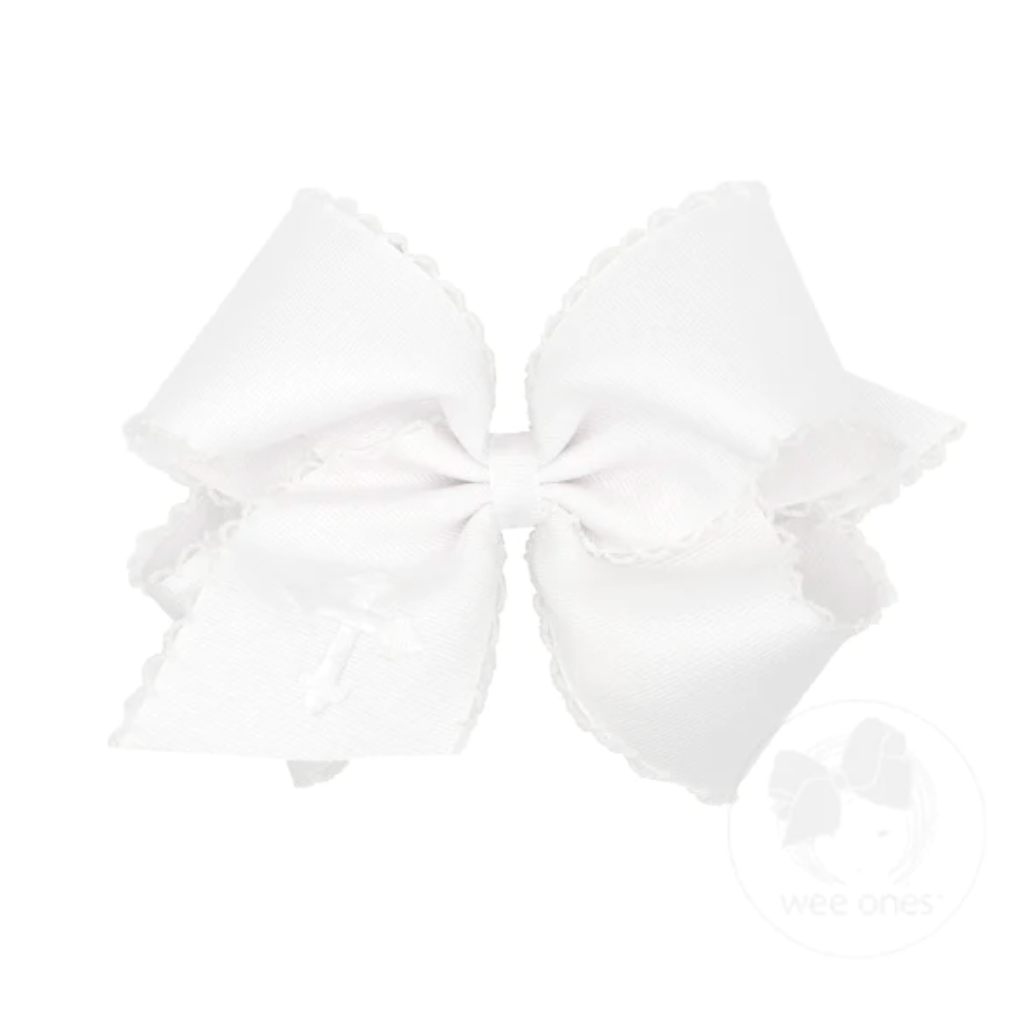 White Grosgrain Hair Bow with Moonstitch Edge and Cross Embroidery on Tail (size options)