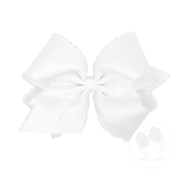 White Grosgrain Hair Bow with Moonstitch Edge and Cross Embroidery on Tail (size options)