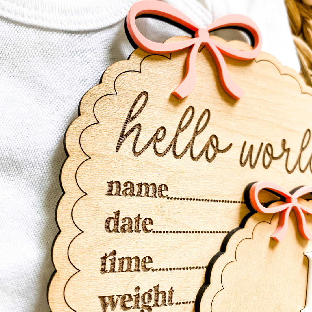 Hello World Birth Stat Sign - Dainty Bow